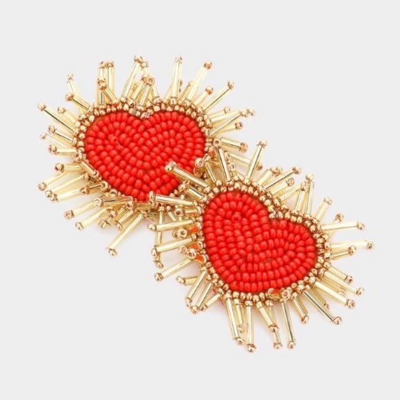 The Painted Jezebel Designs Jewelry - Felt Back Seed Beaded Heart Earrings in Red